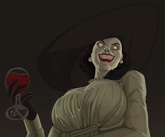 Alcina Dimitrescu from Resident Evil holding a glass of wine