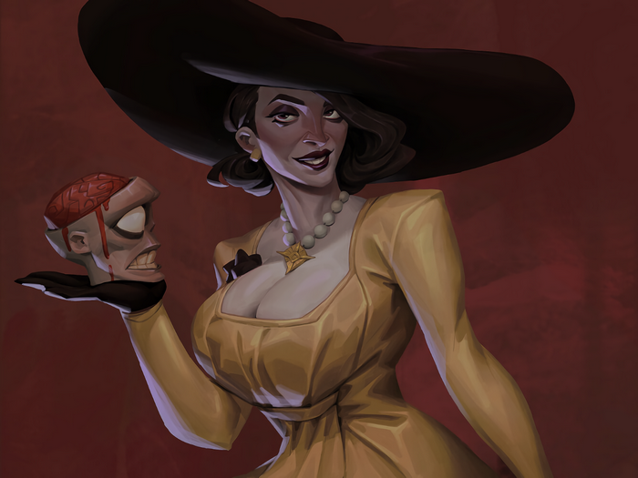 Lady Dimitrescu holding a severed zombie head