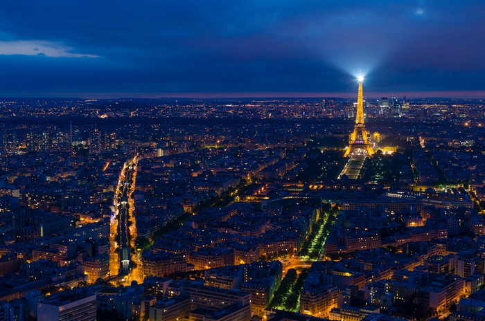 4K Night Aerial View of Paris with Eiffel Tower