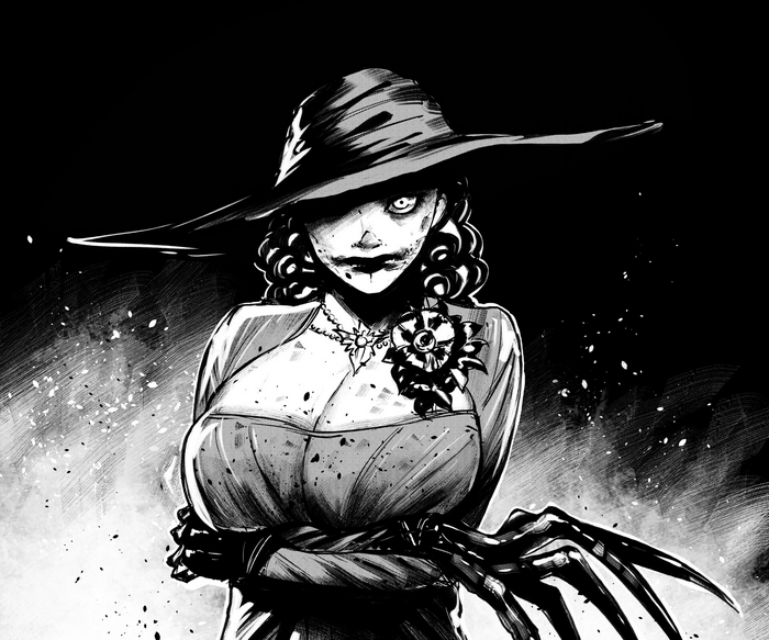 Lady Dimitrescu with sharp claws and a hat