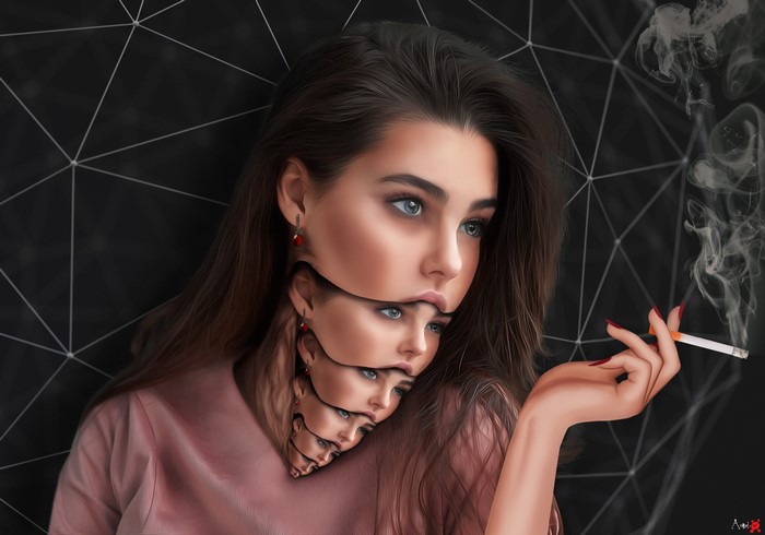 Digital art of a woman smoking a cigarette