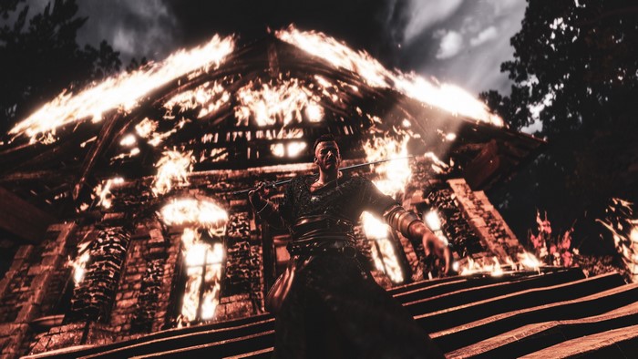 Geralt from The Witcher 3: Wild Hunt in a burning building