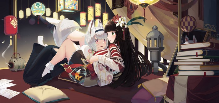 Anime girls with animal ears in Japanese clothes