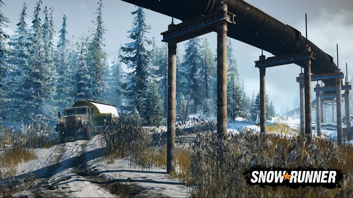 SnowRunner truck driving on a snowy road