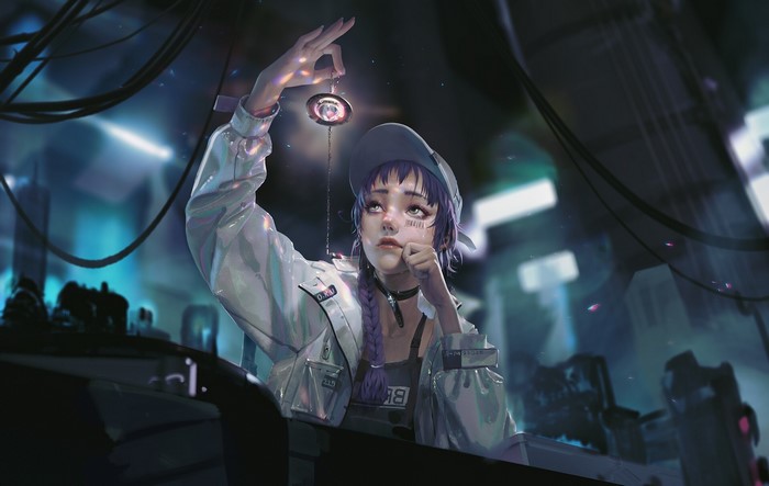 Girl with pendant in a futuristic city
