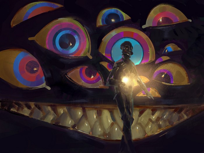 A figure with a flashlight in front of a monstrous creature with many eyes and teeth