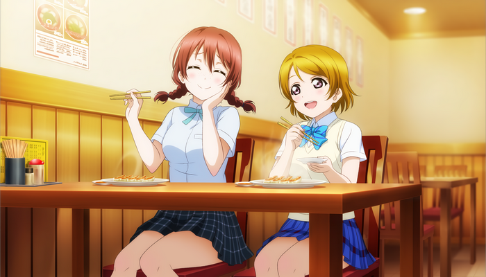 Anime girls eating dumplings in a restaurant