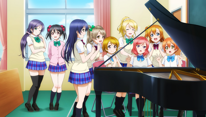 Love Live! girls in a classroom with a piano