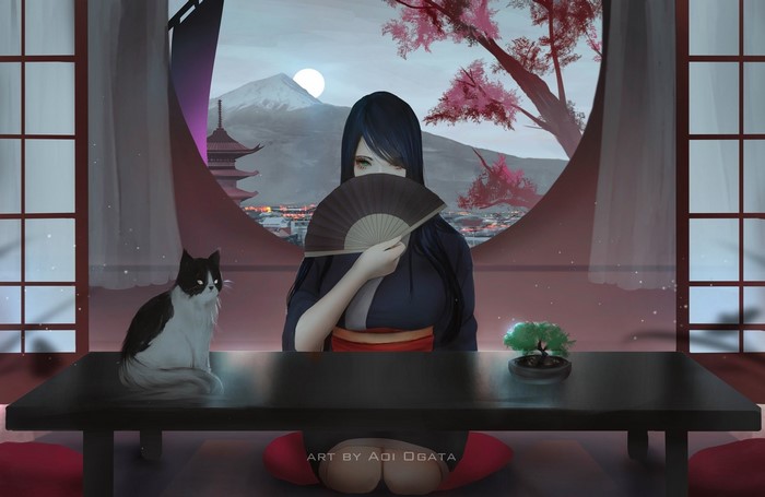 Woman with fan and cat in Japanese room overlooking city and mountains