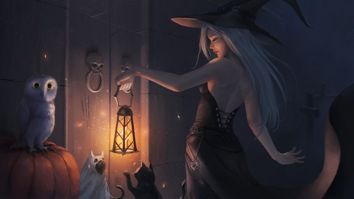 Halloween Witch with Owl, Cats, and Pumpkin