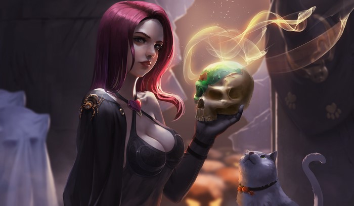 Fantasy art of a witch with a skull and a cat