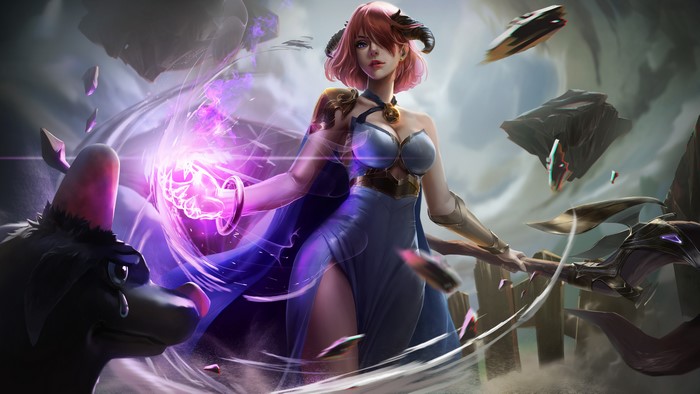 Fantasy girl with pink hair and horns casting magic