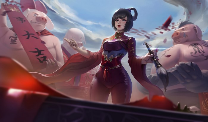 Fantasy girl with pigs and Chinese characters