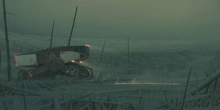 Simon Stålenhag science fiction artwork of a futuristic vehicle in a desolate landscape