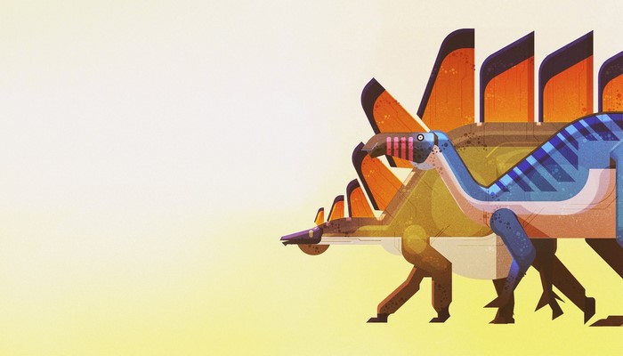 Stylized dinosaurs walking in profile against a gradient background