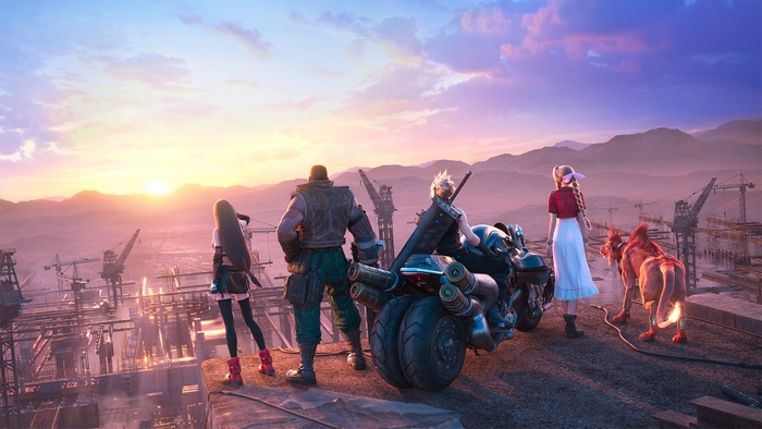 Final Fantasy VII Remake characters at sunset