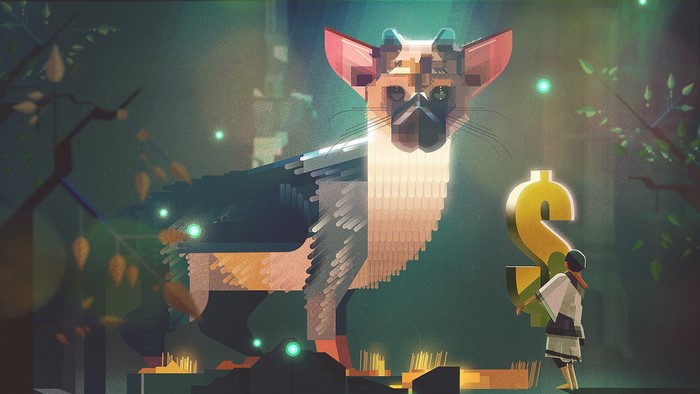 Trico and a girl with a dollar sign from The Last Guardian