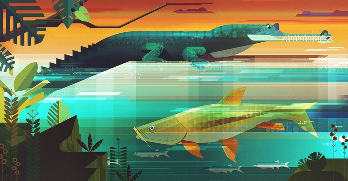 Digital art illustration of a crocodile and fish