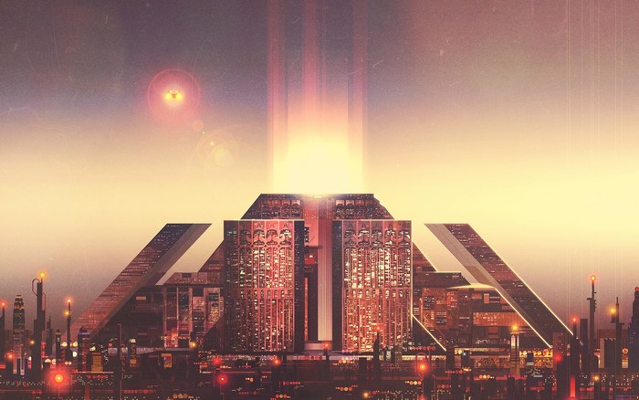 Futuristic city artwork with light beam