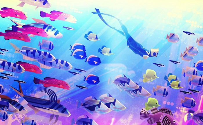 Digital art of a diver and fish underwater
