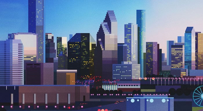 Digital art cityscape illustration of a modern city skyline