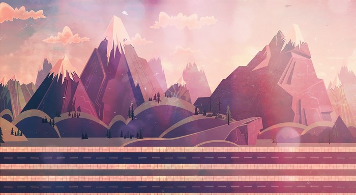 Digital art landscape with mountains and road
