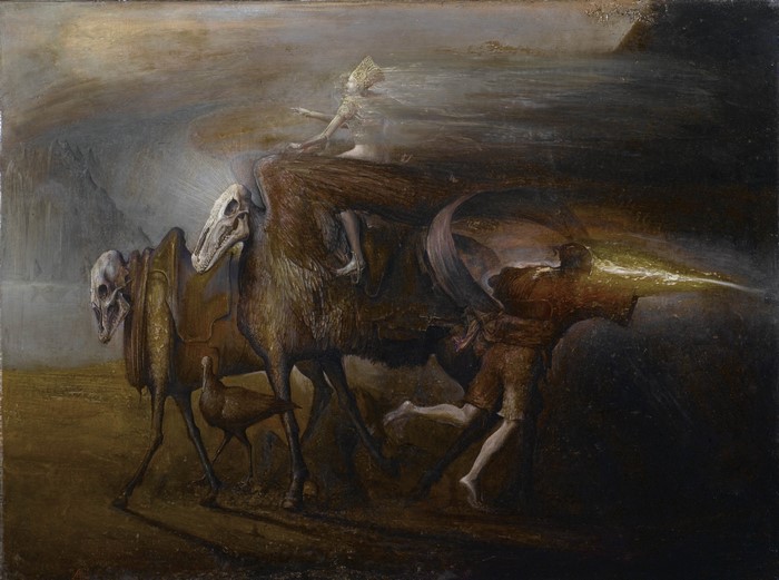 Painting of a skeletal camel with a rider and a running man