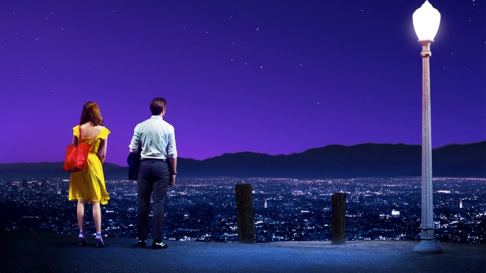 Mia and Sebastian from La La Land overlooking a city