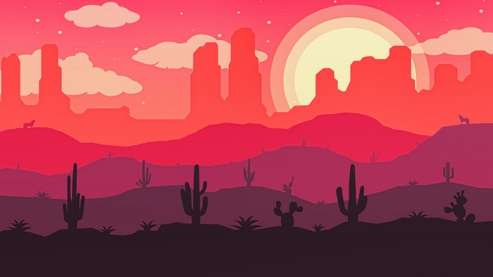 Desert landscape with cacti and sun at sunset