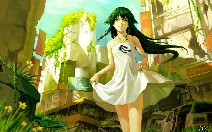 Anime girl in white dress in post-apocalyptic city