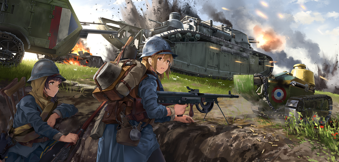 Anime girls in military uniforms with tanks on a battlefield