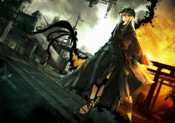 Yakumo Yukari from Touhou in a dark city