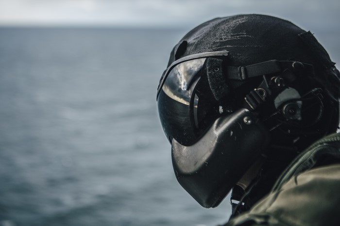 US Marines helmet overlooking the ocean