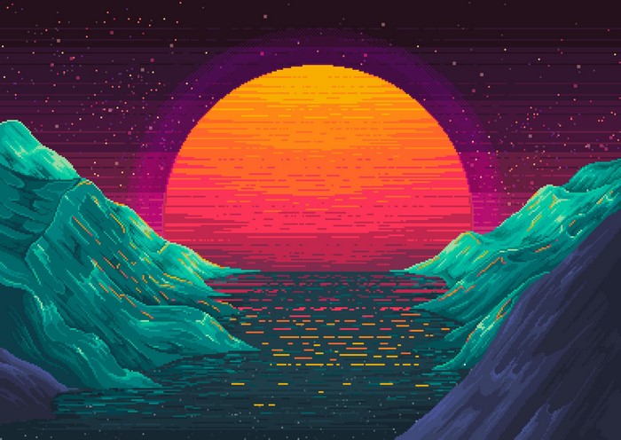 Pixel art landscape with sun, mountains, and water