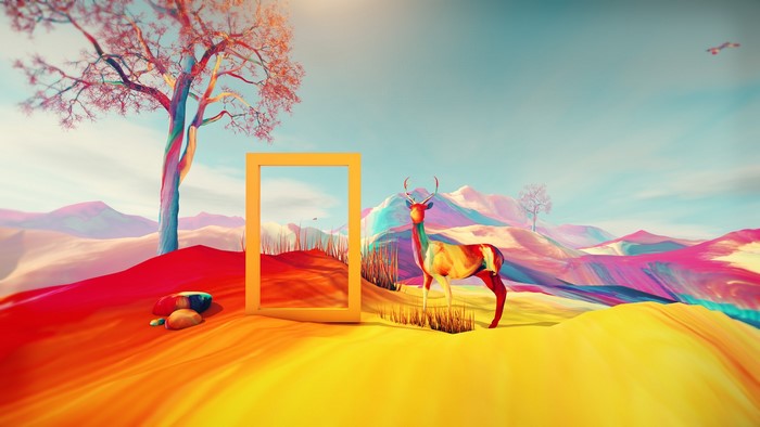 Colorful abstract landscape with deer and tree