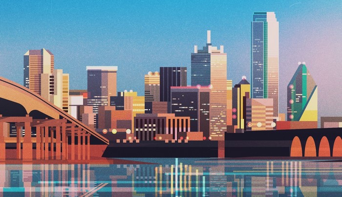 Illustration of a modern cityscape with a bridge and reflections