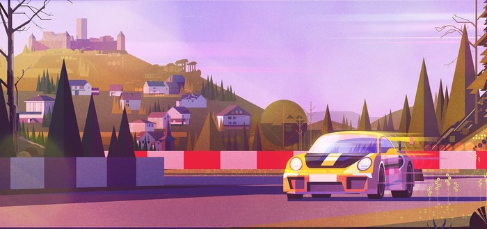 Yellow Porsche 911 on a Race Track with Village and Castle