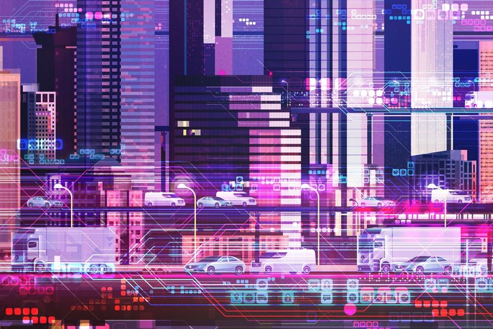 Digital cityscape with trucks and cars on a highway