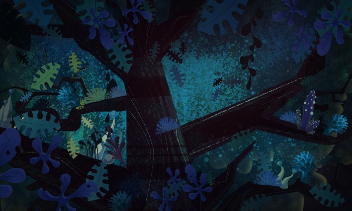 Dark forest with blue and green plants and trees