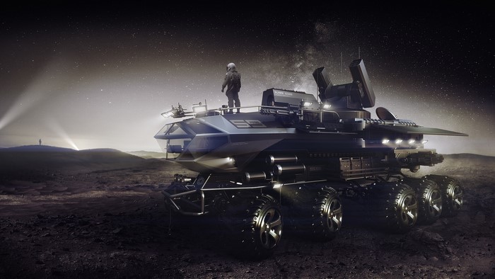 Futuristic rover on a desolate planet with a person standing on top