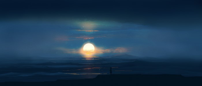 Anime landscape with a large moon over the ocean