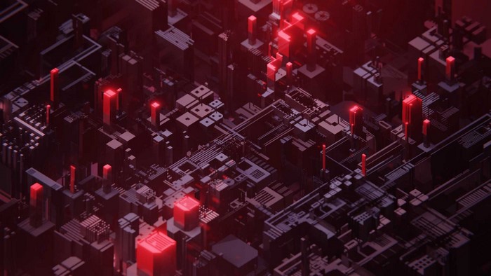 Abstract digital art of a futuristic motherboard with red lights