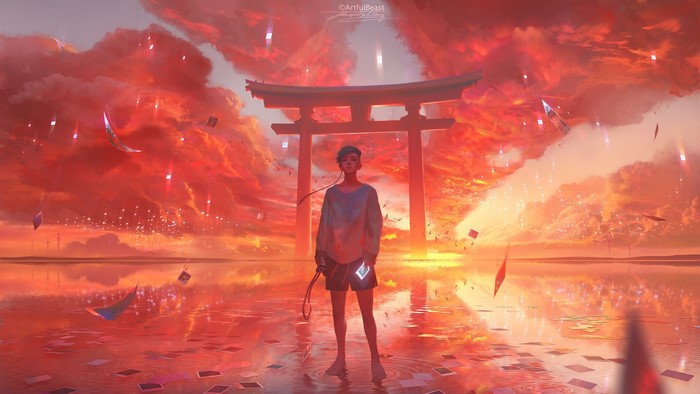 Person standing by Torii gate in a surreal sunset landscape