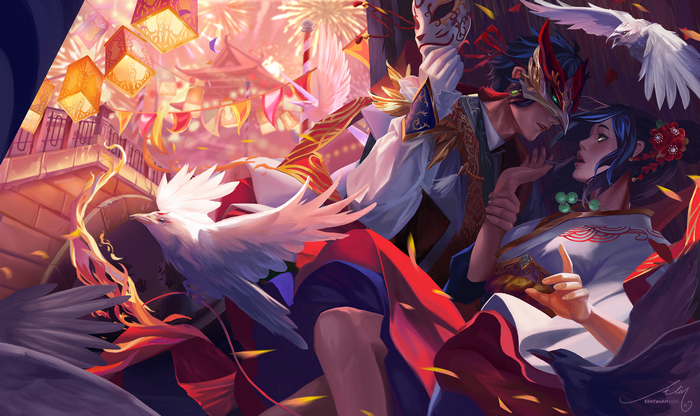 Couple in Masks at a Festival with Birds
