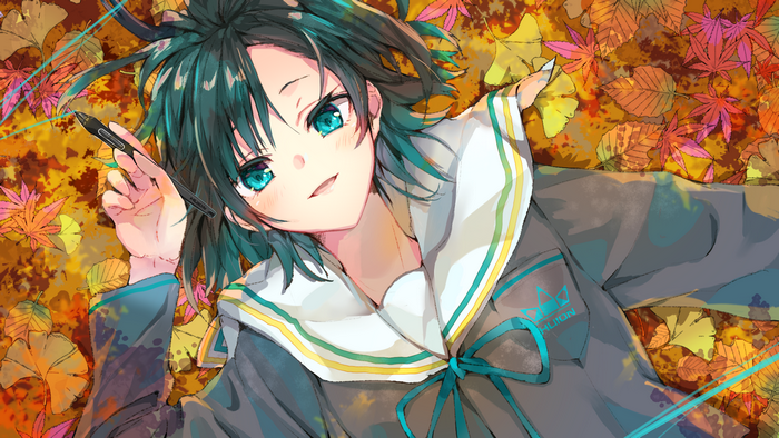 Anime girl with aqua eyes and dark hair holding a stylus