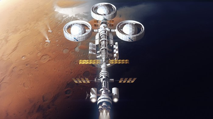Space station orbiting Mars with spacecraft