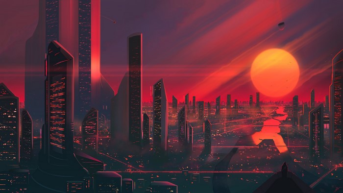 Futuristic cityscape at sunset by JoeyJazz