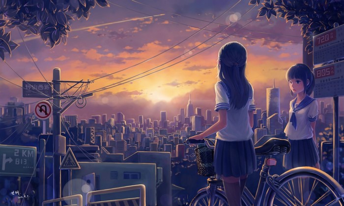 Two anime girls in school uniforms with a bicycle overlooking a cityscape at sunset