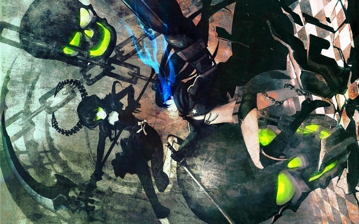 Black Rock Shooter and Dead Master with scythe and chains