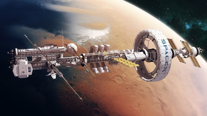 SpaceX space station orbiting a planet